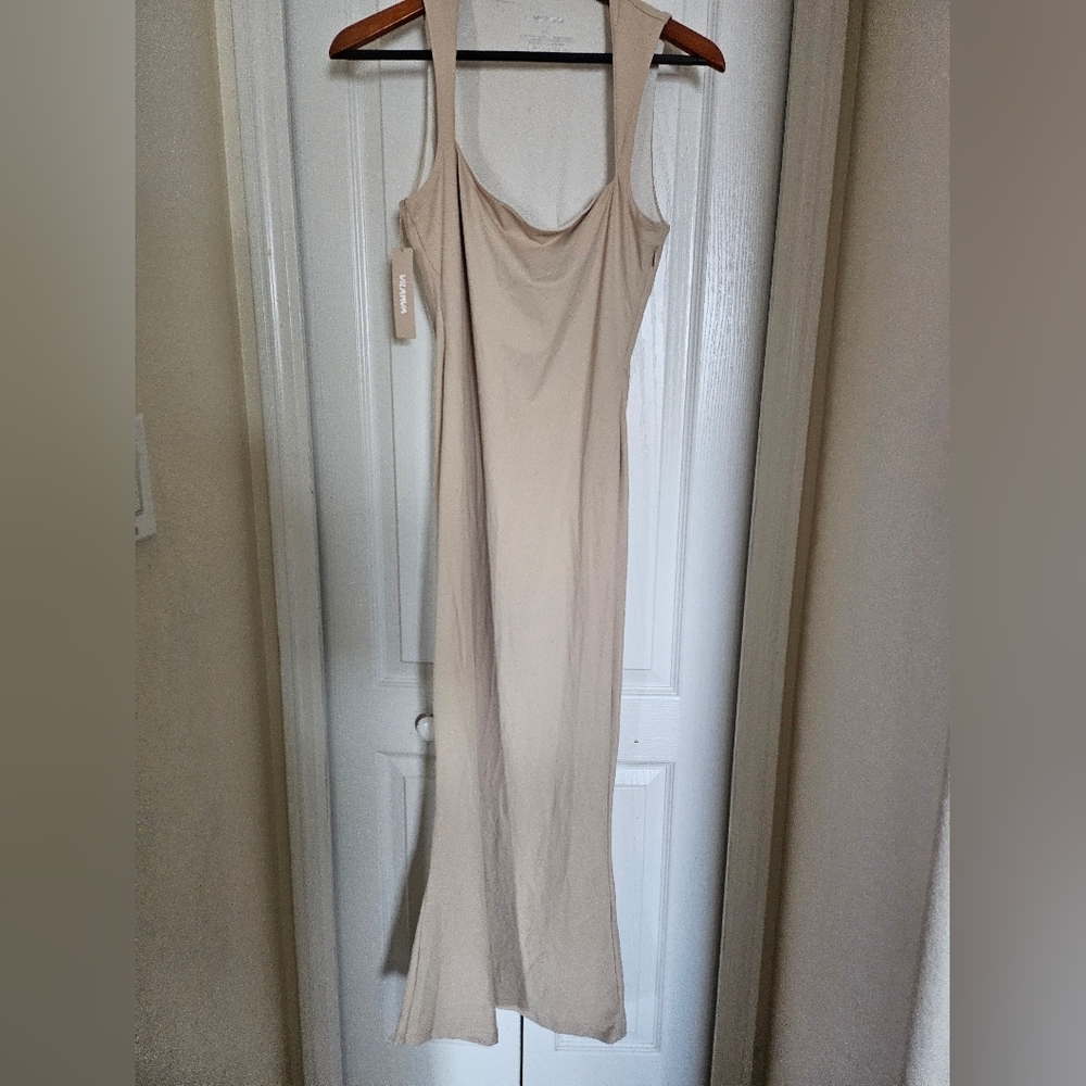 Vilanva Nude Bodycon Maxi Dress XL Spaghetti Strap Stretch Slip Dress Minimalist - Picture 3 of 11